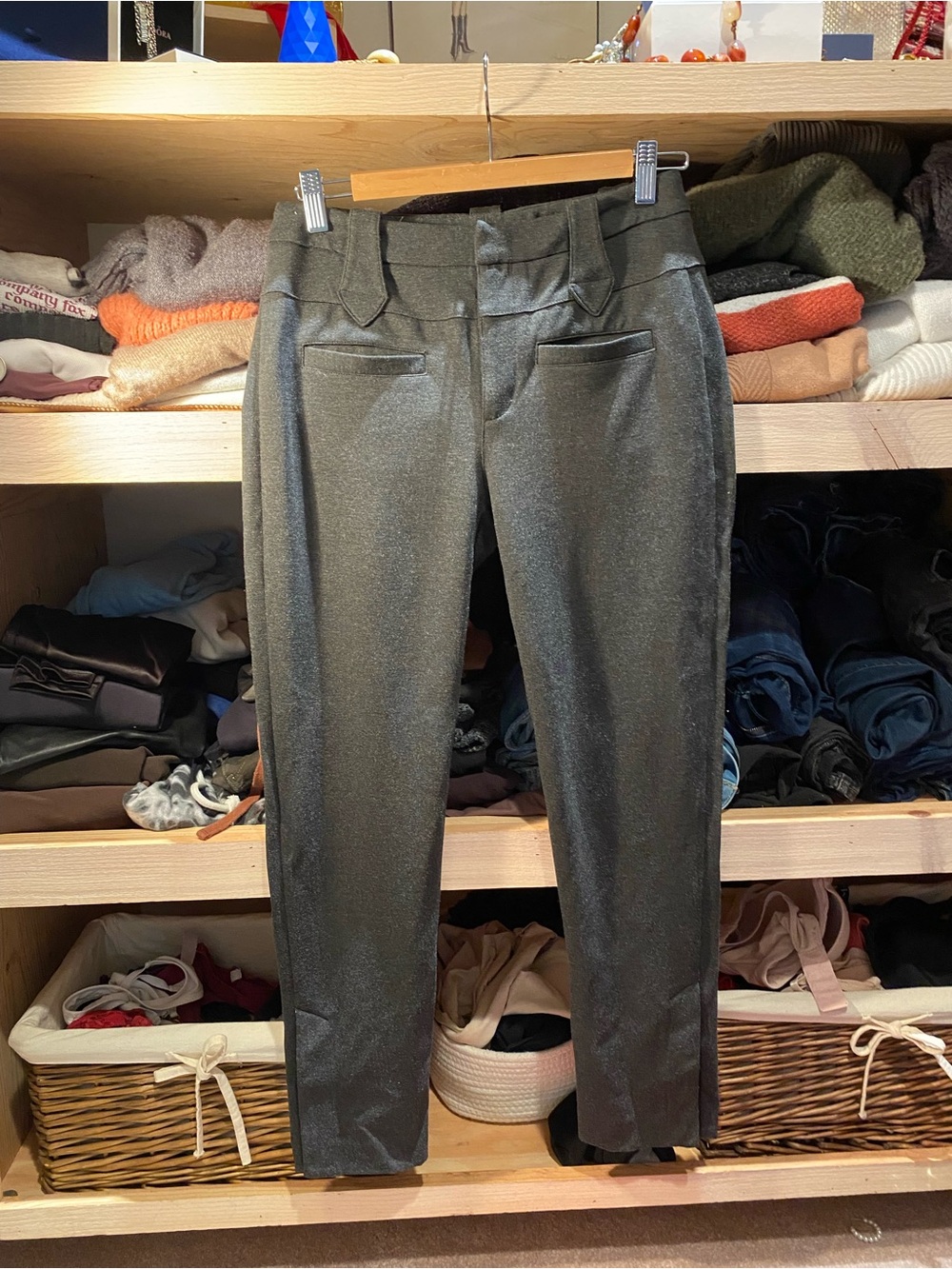 CAbi Metallic Dark Gray Slim Dress Pants
